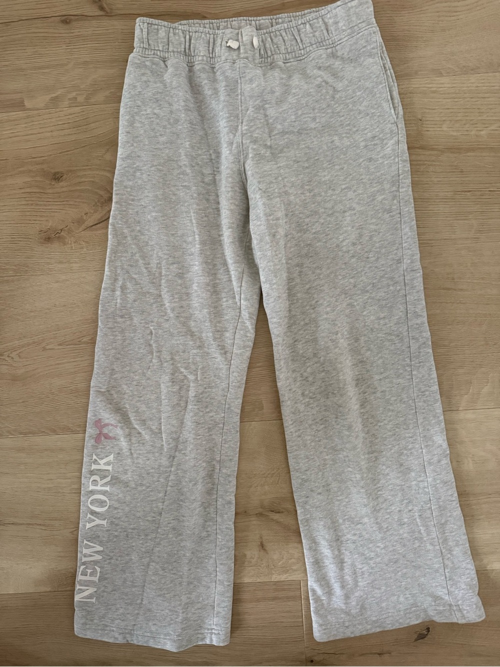 abercrombie kids Light Gray Sweatpants with White New York Script and Pink Logo